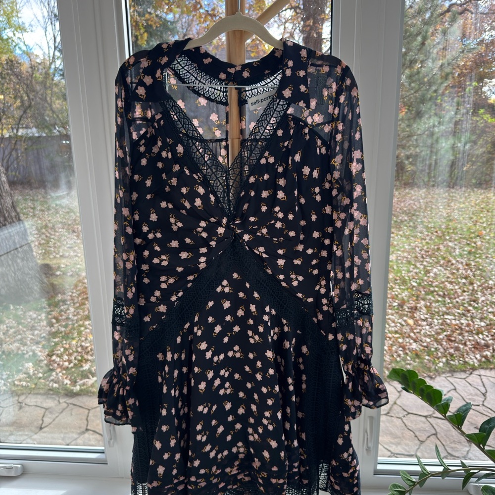 Self-Portrait Printed Mini Dress Sheer Sleeve Lace Detail Size S / US 4 - Picture 2 of 4
